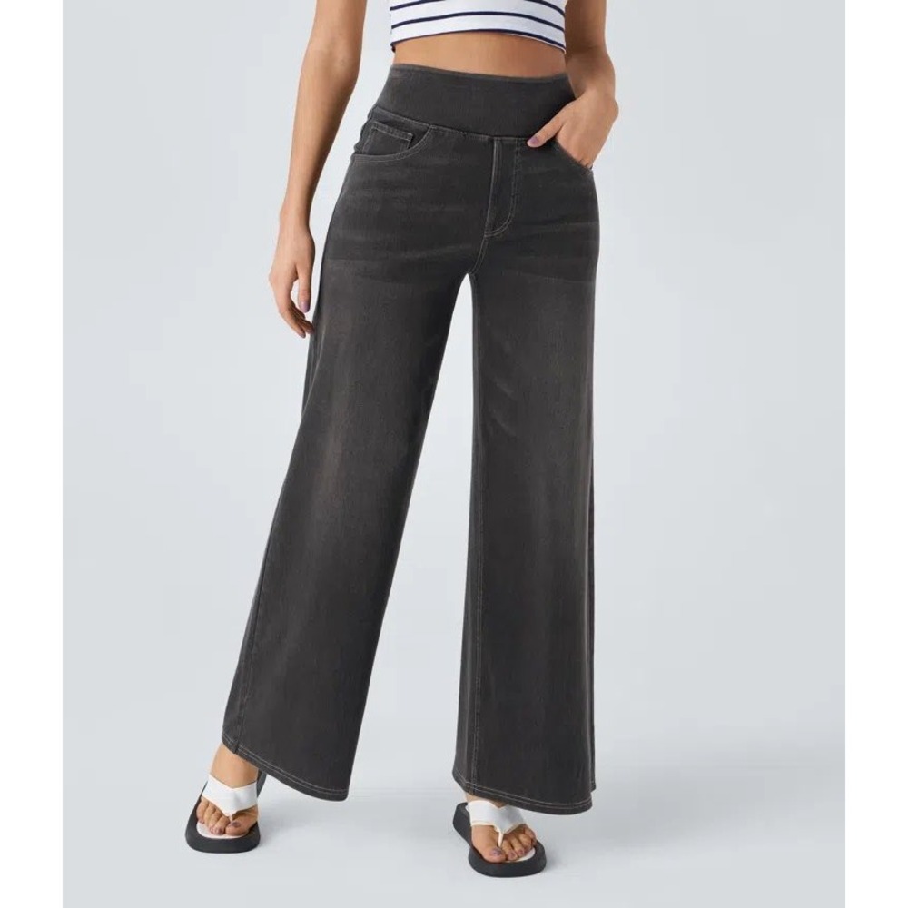 NWT Halara Flex High Waisted Pockets Baggy Wide Leg Jeans Denim Carbon Black L